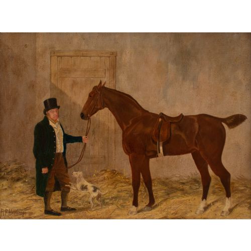 R F HENDERSON AN OWNER WITH A CHESTNUT RACEHORSE TERRIER IN A STABLE ANTIQUE OIL PAINTING - ADDITIONAL PHOTO 2