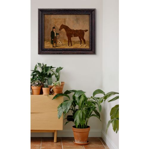 R F HENDERSON AN OWNER WITH A CHESTNUT RACEHORSE TERRIER IN A STABLE ANTIQUE OIL PAINTING - ADDITIONAL PHOTO 3