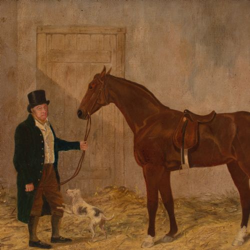 R F HENDERSON AN OWNER WITH A CHESTNUT RACEHORSE TERRIER IN A STABLE ANTIQUE OIL PAINTING - ADDITIONAL PHOTO 4