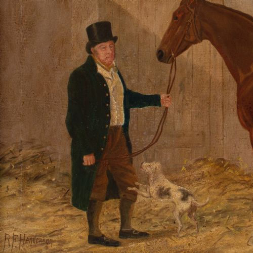R F HENDERSON AN OWNER WITH A CHESTNUT RACEHORSE TERRIER IN A STABLE ANTIQUE OIL PAINTING - ADDITIONAL PHOTO 5
