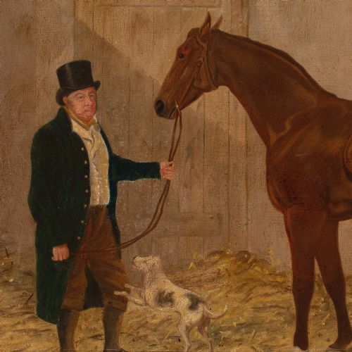 R F HENDERSON AN OWNER WITH A CHESTNUT RACEHORSE TERRIER IN A STABLE ANTIQUE OIL PAINTING - ADDITIONAL PHOTO 6