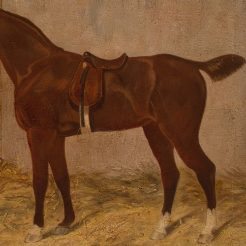 R F HENDERSON AN OWNER WITH A CHESTNUT RACEHORSE TERRIER IN A STABLE ANTIQUE OIL PAINTING - ADDITIONAL PHOTO 7