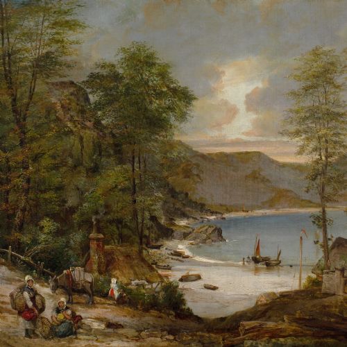 EDWARD WILLIAM COOKE RA WESTCOUNTRY COVE WITH COTTAGES FAMILY DONKEYS ANTIQUE OIL PAINTING - ADDITIONAL PHOTO 5