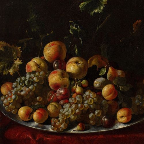 MID17THCENTURY NEAPOLITAN SCHOOL STILL LIFE WITH GRAPES PEACHES PLUMS FIGS ON A SILVER PLATTER ANTIQUE OIL PAINTING - ADDITIONAL PHOTO 4