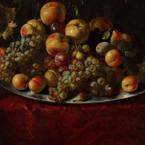 MID17THCENTURY NEAPOLITAN SCHOOL STILL LIFE WITH GRAPES PEACHES PLUMS FIGS ON A SILVER PLATTER ANTIQUE OIL PAINTING - ADDITIONAL PHOTO 5