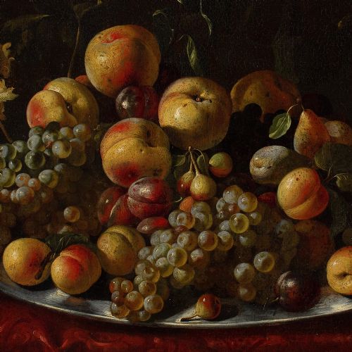 MID17THCENTURY NEAPOLITAN SCHOOL STILL LIFE WITH GRAPES PEACHES PLUMS FIGS ON A SILVER PLATTER ANTIQUE OIL PAINTING - ADDITIONAL PHOTO 6