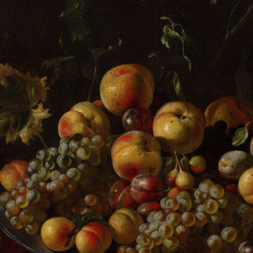 MID17THCENTURY NEAPOLITAN SCHOOL STILL LIFE WITH GRAPES PEACHES PLUMS FIGS ON A SILVER PLATTER ANTIQUE OIL PAINTING - ADDITIONAL PHOTO 7