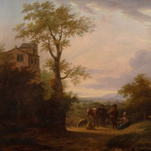 MID18THCENTURY DUTCH SCHOOL LANDSCAPE WITH TRAVELLERS DISTANT VIEW BUILDING ANTIQUE OIL PAINTING - ADDITIONAL PHOTO 5