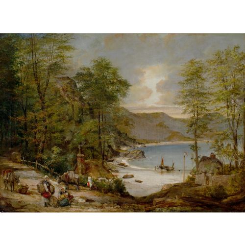 EDWARD WILLIAM COOKE RA WESTCOUNTRY COVE WITH COTTAGES FAMILY DONKEYS ANTIQUE OIL PAINTING - ADDITIONAL PHOTO 1