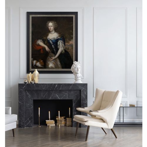 JOHANNES VOLLEVENS I PORTRAIT OF A LADY IN A RICH BLUE GOWN WITH A SPANIEL ANTIQUE OIL PAINTING - ADDITIONAL PHOTO 2