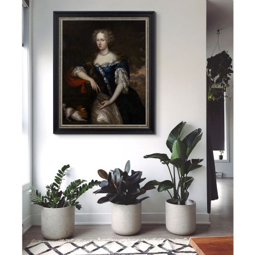 JOHANNES VOLLEVENS I PORTRAIT OF A LADY IN A RICH BLUE GOWN WITH A SPANIEL ANTIQUE OIL PAINTING - ADDITIONAL PHOTO 3