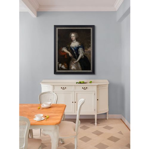 JOHANNES VOLLEVENS I PORTRAIT OF A LADY IN A RICH BLUE GOWN WITH A SPANIEL ANTIQUE OIL PAINTING - ADDITIONAL PHOTO 4