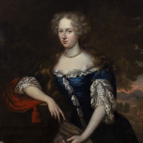 JOHANNES VOLLEVENS I PORTRAIT OF A LADY IN A RICH BLUE GOWN WITH A SPANIEL ANTIQUE OIL PAINTING - ADDITIONAL PHOTO 5