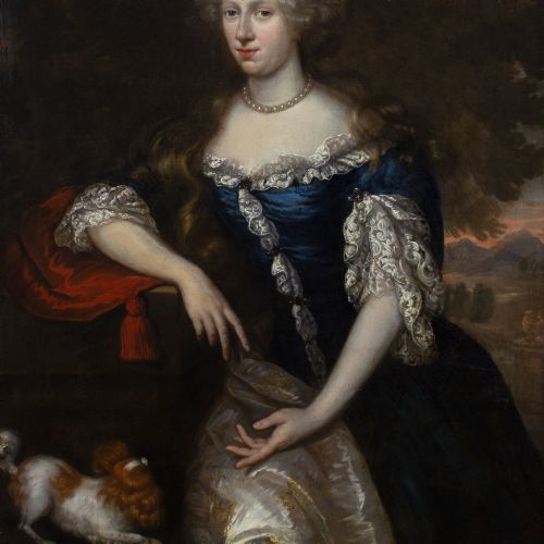 JOHANNES VOLLEVENS I PORTRAIT OF A LADY IN A RICH BLUE GOWN WITH A SPANIEL ANTIQUE OIL PAINTING - ADDITIONAL PHOTO 6