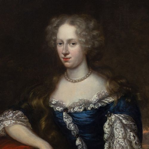 JOHANNES VOLLEVENS I PORTRAIT OF A LADY IN A RICH BLUE GOWN WITH A SPANIEL ANTIQUE OIL PAINTING - ADDITIONAL PHOTO 7