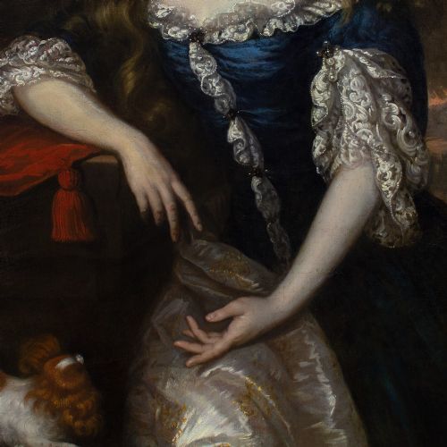 JOHANNES VOLLEVENS I PORTRAIT OF A LADY IN A RICH BLUE GOWN WITH A SPANIEL ANTIQUE OIL PAINTING - ADDITIONAL PHOTO 8