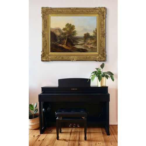 WILLIAM TRAIES ATTRIBUTED WOODED RIVER LANDSCAPE WITH CASCADE FIGURES CATTLE ANTIQUE OIL PAINTING - ADDITIONAL PHOTO 2