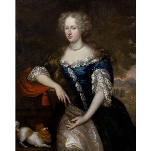 JOHANNES VOLLEVENS I PORTRAIT OF A LADY IN A RICH BLUE GOWN WITH A SPANIEL ANTIQUE OIL PAINTING - ADDITIONAL PHOTO 1