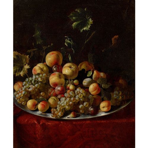 MID17THCENTURY NEAPOLITAN SCHOOL STILL LIFE WITH GRAPES PEACHES PLUMS FIGS ON A SILVER PLATTER ANTIQUE OIL PAINTING - ADDITIONAL PHOTO 1
