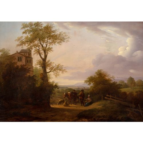 MID18THCENTURY DUTCH SCHOOL LANDSCAPE WITH TRAVELLERS DISTANT VIEW BUILDING ANTIQUE OIL PAINTING - ADDITIONAL PHOTO 1