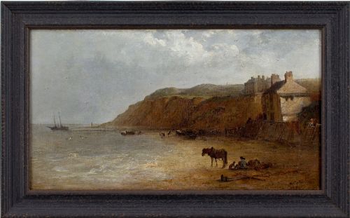 EDWARD ROBERT SMYTHE FIGURES HORSES ON A BEACH WITH BUILDINGS ANTIQUE OIL PAINTING