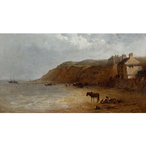 EDWARD ROBERT SMYTHE FIGURES HORSES ON A BEACH WITH BUILDINGS ANTIQUE OIL PAINTING - ADDITIONAL PHOTO 1