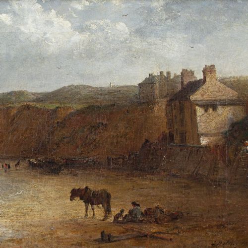 EDWARD ROBERT SMYTHE FIGURES HORSES ON A BEACH WITH BUILDINGS ANTIQUE OIL PAINTING - ADDITIONAL PHOTO 5