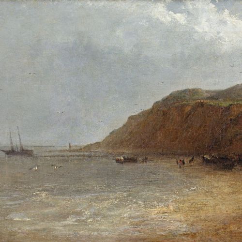EDWARD ROBERT SMYTHE FIGURES HORSES ON A BEACH WITH BUILDINGS ANTIQUE OIL PAINTING - ADDITIONAL PHOTO 6