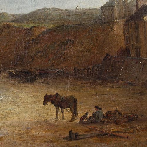 EDWARD ROBERT SMYTHE FIGURES HORSES ON A BEACH WITH BUILDINGS ANTIQUE OIL PAINTING - ADDITIONAL PHOTO 7