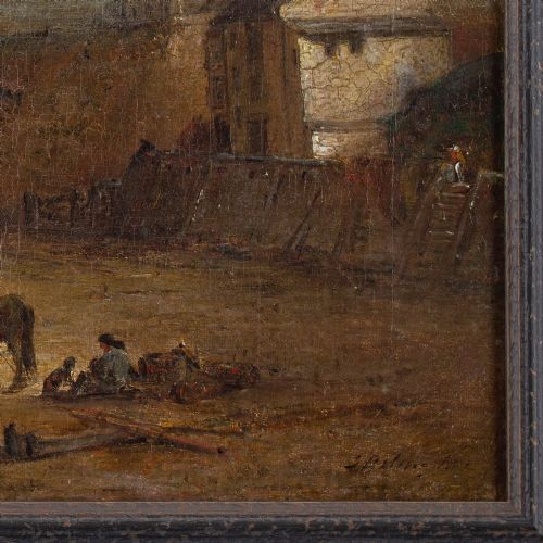 EDWARD ROBERT SMYTHE FIGURES HORSES ON A BEACH WITH BUILDINGS ANTIQUE OIL PAINTING - ADDITIONAL PHOTO 8