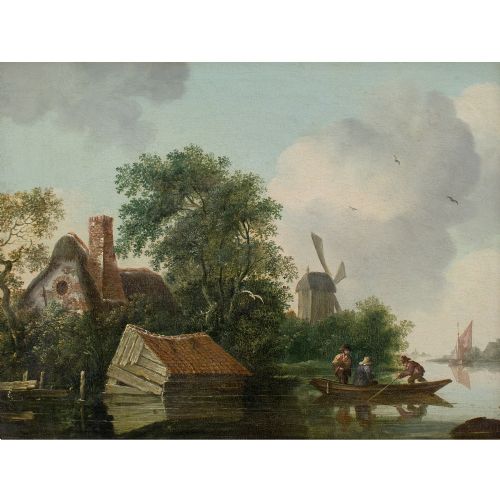EDWARD WILLIAMS CIRCLE RIVER LANDSCAPE WITH THATCHED COTTAGE BOATMEN WINDMILL ANTIQUE OIL PAINTING - ADDITIONAL PHOTO 1
