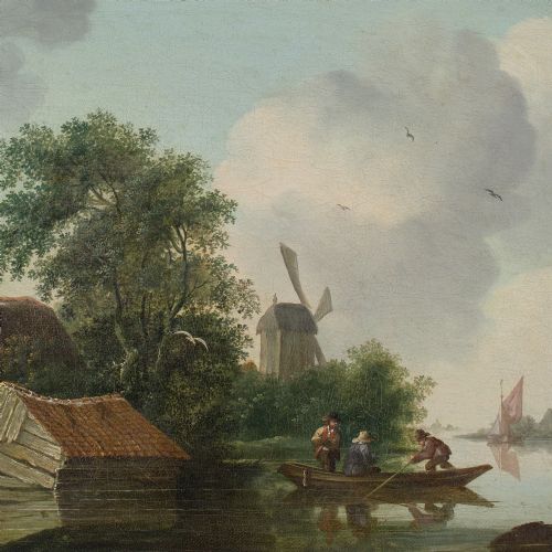 EDWARD WILLIAMS CIRCLE RIVER LANDSCAPE WITH THATCHED COTTAGE BOATMEN WINDMILL ANTIQUE OIL PAINTING - ADDITIONAL PHOTO 4