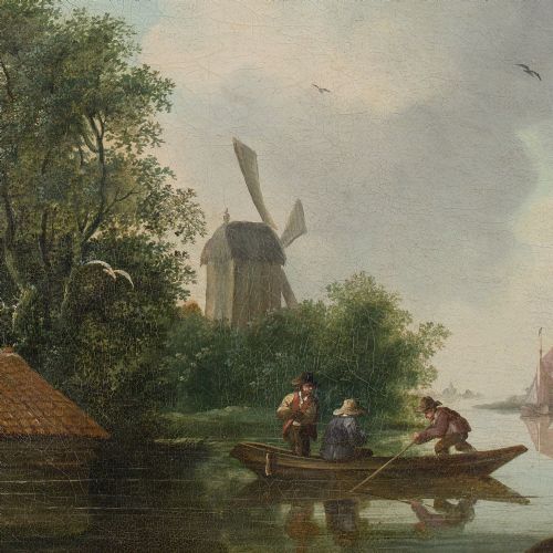 EDWARD WILLIAMS CIRCLE RIVER LANDSCAPE WITH THATCHED COTTAGE BOATMEN WINDMILL ANTIQUE OIL PAINTING - ADDITIONAL PHOTO 5