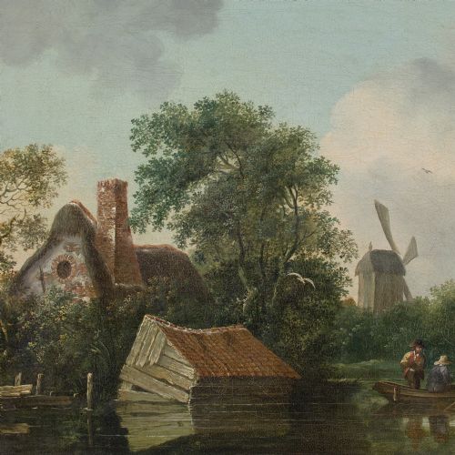 EDWARD WILLIAMS CIRCLE RIVER LANDSCAPE WITH THATCHED COTTAGE BOATMEN WINDMILL ANTIQUE OIL PAINTING - ADDITIONAL PHOTO 6