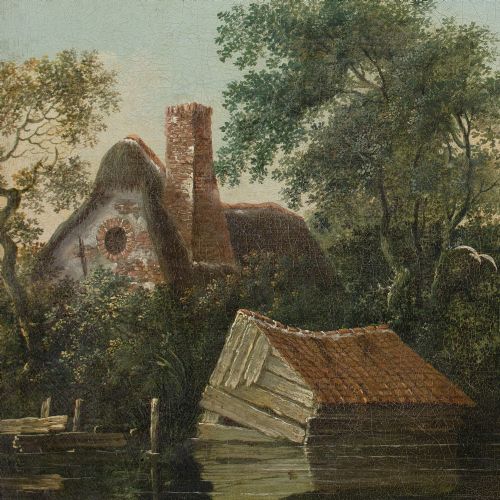 EDWARD WILLIAMS CIRCLE RIVER LANDSCAPE WITH THATCHED COTTAGE BOATMEN WINDMILL ANTIQUE OIL PAINTING - ADDITIONAL PHOTO 7