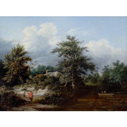 EDWARD CHARLES WILLIAMS ATTRIBUTED WOODED RIVER LANDSCAPE WITH COTTAGE FISHERMEN MOTHER CHILD ANTIQUE OIL PAINTING - ADDITIONAL PHOTO 2
