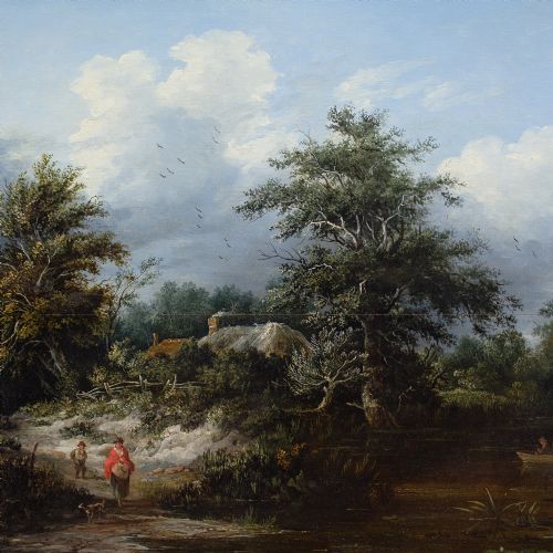 EDWARD CHARLES WILLIAMS ATTRIBUTED WOODED RIVER LANDSCAPE WITH COTTAGE FISHERMEN MOTHER CHILD ANTIQUE OIL PAINTING - ADDITIONAL PHOTO 5