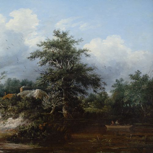 EDWARD CHARLES WILLIAMS ATTRIBUTED WOODED RIVER LANDSCAPE WITH COTTAGE FISHERMEN MOTHER CHILD ANTIQUE OIL PAINTING - ADDITIONAL PHOTO 6