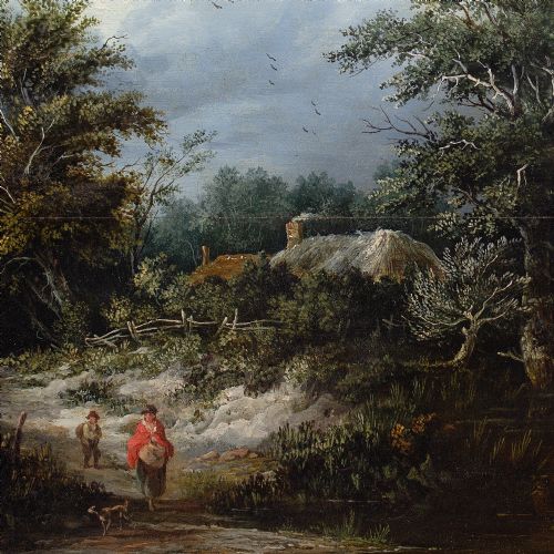 EDWARD CHARLES WILLIAMS ATTRIBUTED WOODED RIVER LANDSCAPE WITH COTTAGE FISHERMEN MOTHER CHILD ANTIQUE OIL PAINTING - ADDITIONAL PHOTO 7