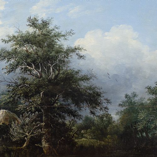 EDWARD CHARLES WILLIAMS ATTRIBUTED WOODED RIVER LANDSCAPE WITH COTTAGE FISHERMEN MOTHER CHILD ANTIQUE OIL PAINTING - ADDITIONAL PHOTO 8