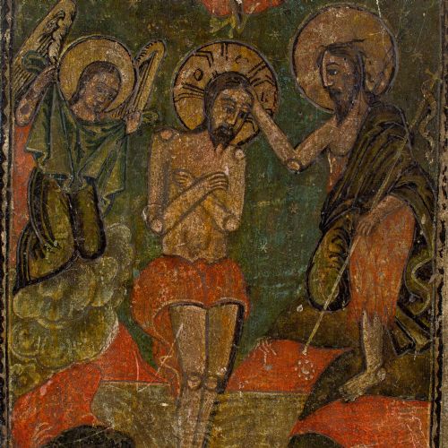 LATE 18THCENTURY DOUBLESIDED ROMANIAN ICON THREE HOLY HIERARCHS THE BAPTISM OF CHRIST TEMPERA ON PANEL - ADDITIONAL PHOTO 5