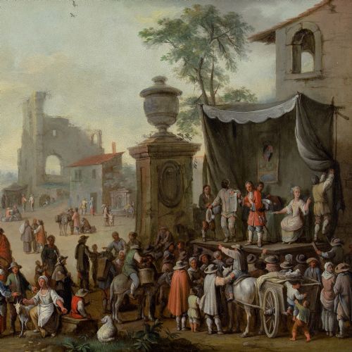 FRANZ DE PAULA FERG ATTRIBUTED FIGURES OF THE COMMEDIA DELL'ARTE PERFORMING IN A BUSY VILLAGE SQUARE ANTIQUE OIL PAINTING - ADDITIONAL PHOTO 5