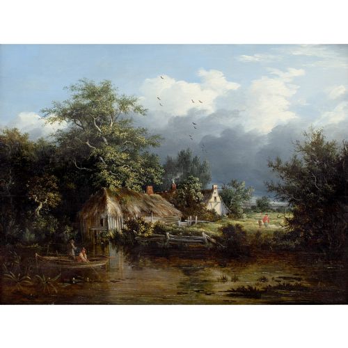 EDWARD CHARLES WILLIAMS ATTRIBUTED WOODED RIVER LANDSCAPE WITH BOATHOUSE COTTAGE FISHERMEN ANTIQUE OIL PAINTING - ADDITIONAL PHOTO 1