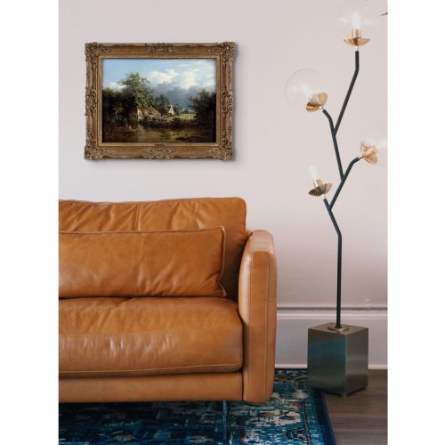 EDWARD CHARLES WILLIAMS ATTRIBUTED WOODED RIVER LANDSCAPE WITH BOATHOUSE COTTAGE FISHERMEN ANTIQUE OIL PAINTING - ADDITIONAL PHOTO 3