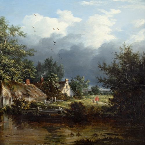 EDWARD CHARLES WILLIAMS ATTRIBUTED WOODED RIVER LANDSCAPE WITH BOATHOUSE COTTAGE FISHERMEN ANTIQUE OIL PAINTING - ADDITIONAL PHOTO 4