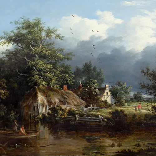 EDWARD CHARLES WILLIAMS ATTRIBUTED WOODED RIVER LANDSCAPE WITH BOATHOUSE COTTAGE FISHERMEN ANTIQUE OIL PAINTING - ADDITIONAL PHOTO 5