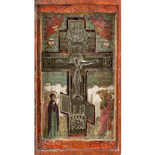 EARLY 18THCENTURY RUSSIAN ICON VOLGA MASTERS CIRCLE THE CRUCIFIXION TEMPERA ON WOOD WITH SILVER AND GILT - ADDITIONAL PHOTO 2
