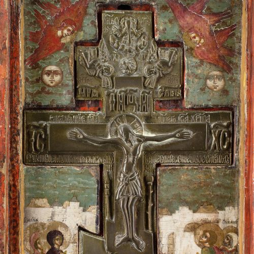 EARLY 18THCENTURY RUSSIAN ICON VOLGA MASTERS CIRCLE THE CRUCIFIXION TEMPERA ON WOOD WITH SILVER AND GILT - ADDITIONAL PHOTO 4