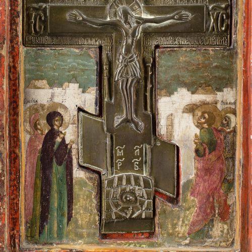 EARLY 18THCENTURY RUSSIAN ICON VOLGA MASTERS CIRCLE THE CRUCIFIXION TEMPERA ON WOOD WITH SILVER AND GILT - ADDITIONAL PHOTO 5