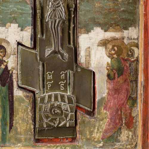 EARLY 18THCENTURY RUSSIAN ICON VOLGA MASTERS CIRCLE THE CRUCIFIXION TEMPERA ON WOOD WITH SILVER AND GILT - ADDITIONAL PHOTO 7